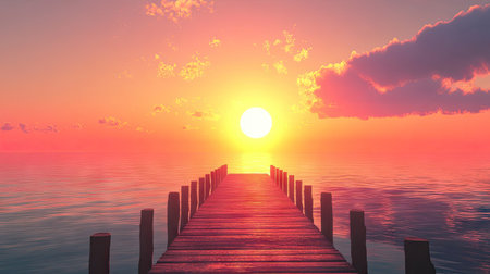 A vibrant sunset casting warm hues over a long wooden pier extending into the calm sea.の素材