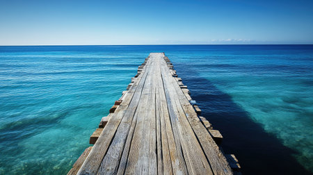 A weathered wooden pier reaching out into the ocean, surrounded by the vast blue sea and a clear sky.の素材