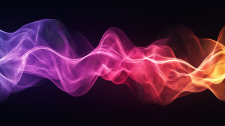 Flowing sound waves creating an artistic, fluid motion, with colors fading from red to purple, against a black backdrop.の素材