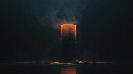 Sound waves coming out of a speaker in a dark room, glowing against a black background.の素材