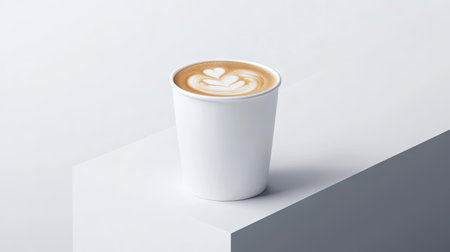 A latte in a white cup, with smooth, velvety foam art on top, sitting against a clean white background.の素材