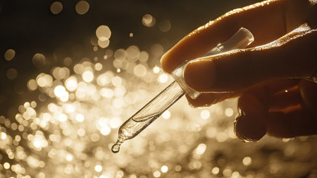 A hand applying clear serum from a dropper, with the liquid shimmering gently under soft light.の素材