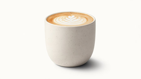 A latte in a white cup, with smooth, velvety foam art on top, sitting against a clean white background.の素材