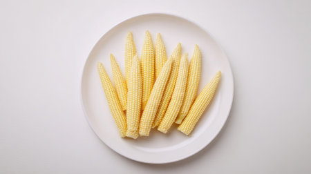 A plate of baby corn elegantly arranged in a zigzag pattern on a smooth white background.の素材