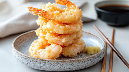 Crispy shrimp tempura stacked on a ceramic plate, with a pair of chopsticks resting beside it, against a neutral background.の素材