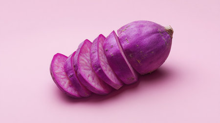 A minimalist composition featuring a single whole purple sweet yam with thin slices arranged in a spiral.の素材