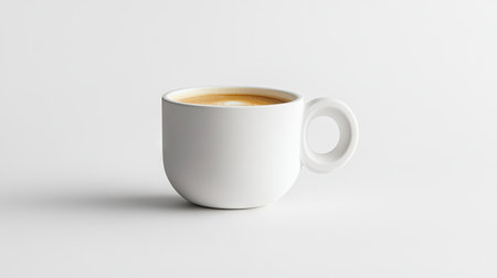 A modern white coffee cup with a handle, filled with a hot drink, isolated on a clean white background.の素材