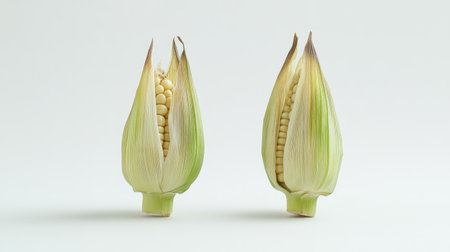 A pair of corn cobs with green husks partially peeled back, side by side, isolated on white.の素材