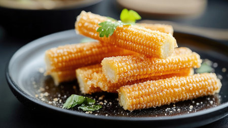 A plate of fresh baby corn with one piece slightly bitten, revealing its crunchy texture.の素材