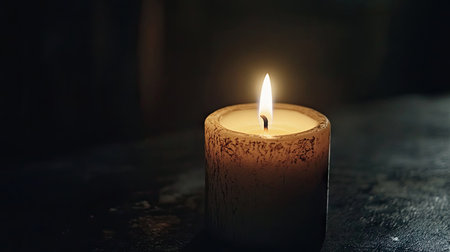 A lit candle in a dark room, with the flame flickering softly, casting a subtle glow against the black background.の素材