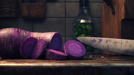 A kitchen scene featuring a whole purple sweet yam with sliced portions next to a knife, ready for cooking.の素材