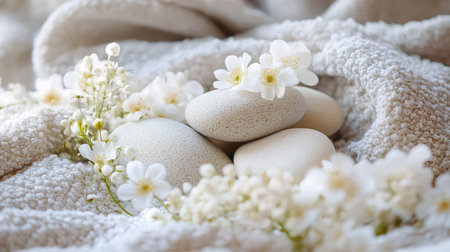 A pile of spa stones with soft white flowers scattered around, creating a relaxing and peaceful spa vibe.の素材