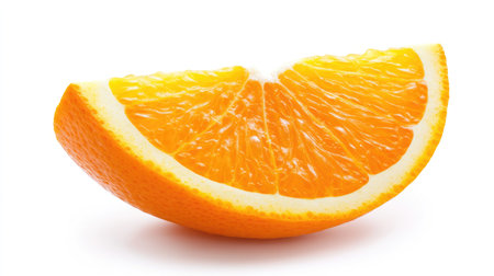A natural orange slice with vibrant color and even lighting, isolated on a bright white background.の素材