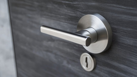 A detailed focus on a stainless steel door knob, capturing the texture and shine of the handle on a smooth, contemporary door.の素材