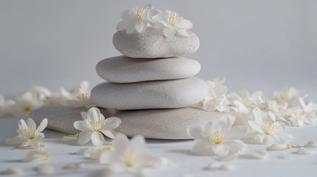 A pile of spa stones with soft white flowers scattered around, creating a relaxing and peaceful spa vibe.の素材