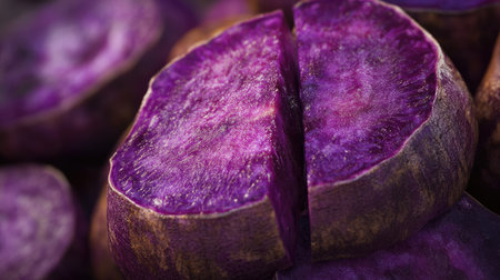 A high-quality close-up of a whole and sliced purple sweet yam, highlighting the contrast between skin and inner flesh.の素材