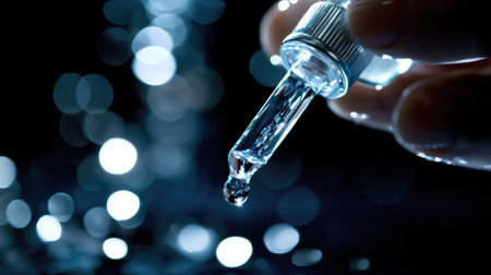 A luxurious skincare moment as clear serum falls from a dropper onto the back of a hand, highlighting skin texture.の素材
