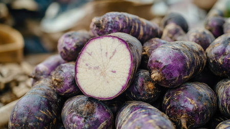 A pile of purple sweet yams with one sliced open in the foreground, emphasizing its striking color contrast.の素材