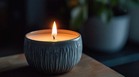 A lit candle in a dark room, with the flame flickering softly, casting a subtle glow against the black background.の素材