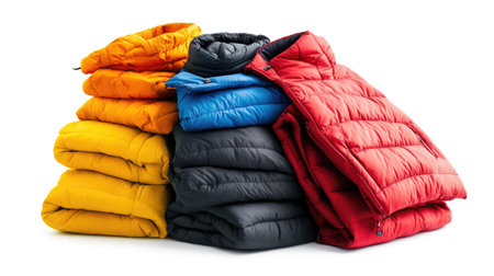 A pile of neatly stacked winter jackets in various colors, showcasing cozy warmth, isolated on a white background.の素材