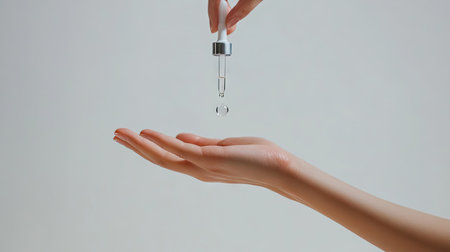 A person's hand outstretched with clear serum being dropped from a dropper, captured against a white backdrop.の素材