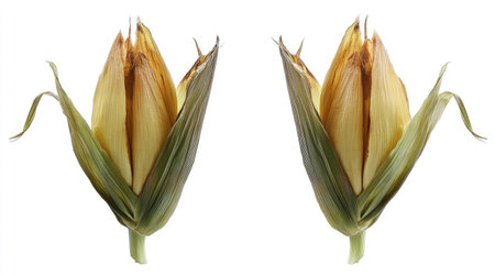 A pair of corn cobs with green husks partially peeled back, side by side, isolated on white.の素材