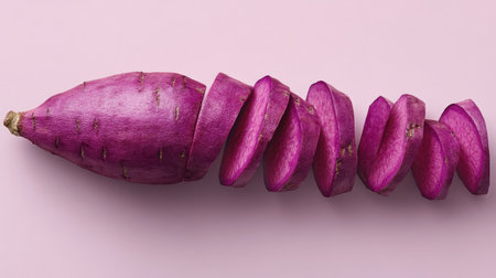 A minimalist composition featuring a single whole purple sweet yam with thin slices arranged in a spiral.の素材