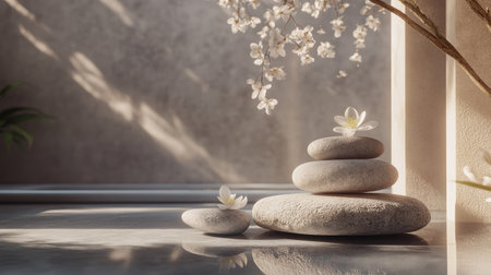 A minimalist spa arrangement with stacked stones, soft flowers, and a natural ambiance that conveys relaxation.の素材