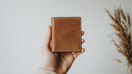 A hand with minimal jewelry holding an elegant wallet, captured against a smooth white backdrop.の素材