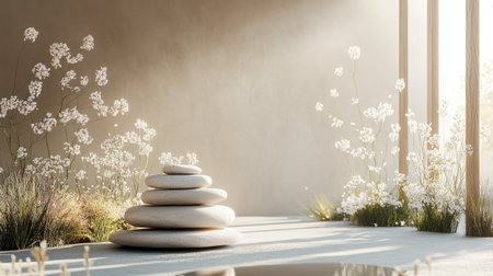 A minimalist spa arrangement with stacked stones, soft flowers, and a natural ambiance that conveys relaxation.の素材