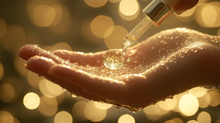 A hand receiving a drop of clear beauty serum from a dropper, surrounded by soft, diffused light for a fresh, natural look.の素材