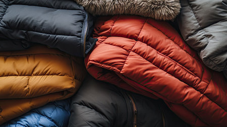 A pile of trendy winter jackets with various textures, such as puffer and fleece, stacked on top of each other.の素材