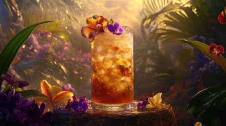 A highball glass with a tropical cocktail sitting on a podium, surrounded by decorative garnishes and soft lighting.の素材