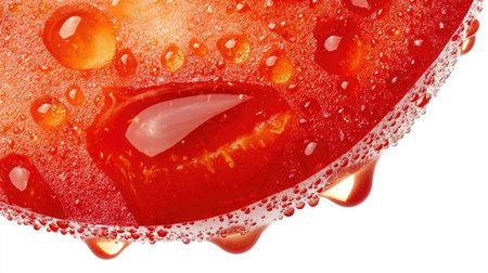 A juicy tomato slice with droplets of moisture on its surface, creating a fresh and natural look, isolated on white.の素材
