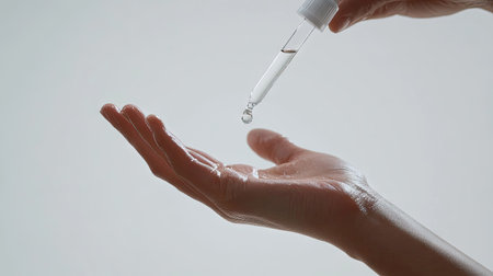 A person's hand outstretched with clear serum being dropped from a dropper, captured against a white backdrop.の素材