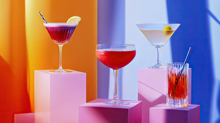 A selection of cocktail glasses with colorful alcoholic beverages, placed on podiums in a modern, chic setting.の素材