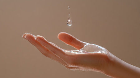 A hand with a few drops of clear serum, capturing the moment of the dropper's liquid falling gently onto the skin.の素材