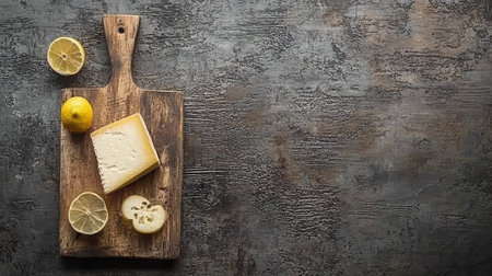 A rustic kitchen setting with a Maasdam cheese piece, thinly sliced portions, and a wooden board on a textured surface.の素材