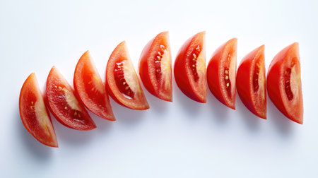 A neatly arranged composition of several tomato slices, highlighting their freshness and vibrant red color, isolated on white.の素材