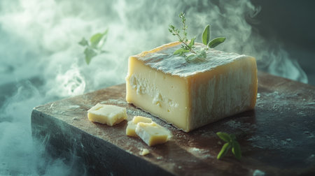 A gourmet food presentation featuring a Maasdam cheese block, freshly cut slices, and a sprig of herbs on a rustic board.の素材