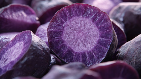 A high-quality close-up of a whole and sliced purple sweet yam, highlighting the contrast between skin and inner flesh.の素材
