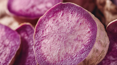 A high-quality close-up of a whole and sliced purple sweet yam, highlighting the contrast between skin and inner flesh.の素材
