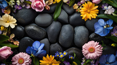 A peaceful spa scene with smooth black stones surrounded by fresh, vibrant flowers, creating a soothing environment.の素材