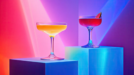 A pair of cocktail glasses with bright colorful drinks placed on podiums, reflecting their vibrant hues in soft lighting.の素材