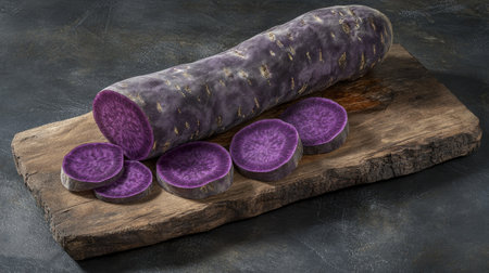 A rustic wooden board displaying a whole purple sweet yam with fresh slices showcasing its rich violet color.の素材