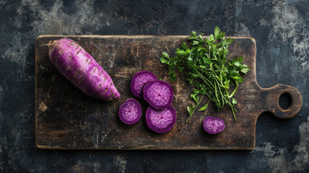 A rustic cutting board with a whole and sliced purple sweet yam, accompanied by a sprig of fresh herbs.の素材