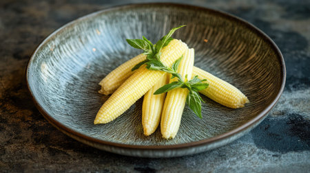 A rustic plate of baby corn with a sprig of fresh herbs, creating a farm-to-table feel.の素材