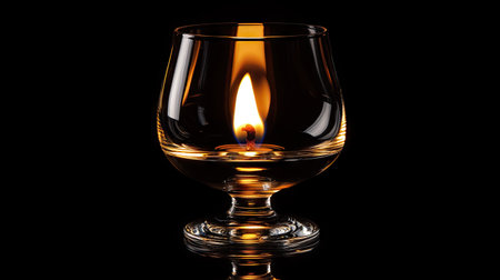 A lit candle in a glass holder, its flame dancing against a solid black background, evoking warmth and serenity.の素材