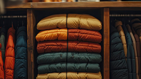 A pile of winter jackets stacked neatly on a wooden shelf, with the winter season's chill subtly reflected in the background.の素材