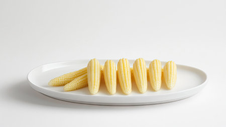 A plate of baby corn elegantly arranged in a zigzag pattern on a smooth white background.の素材